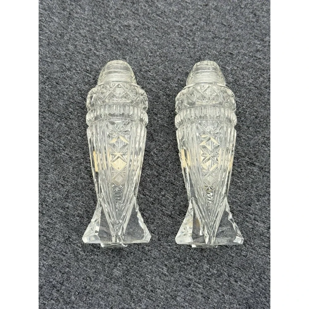 Antique Bohemian Crystal Salt & Pepper Shaker Clear Glass Lids‎ Czechoslovakia